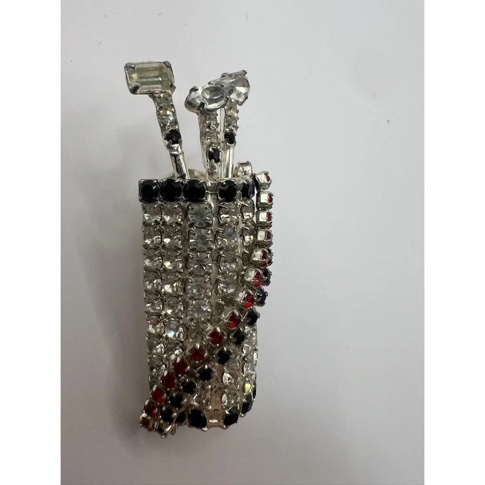 Vintage Dorothy Bauer Golf Bag Pin Rhinestone Red Black‎ Novelty Brooch 80s Chic